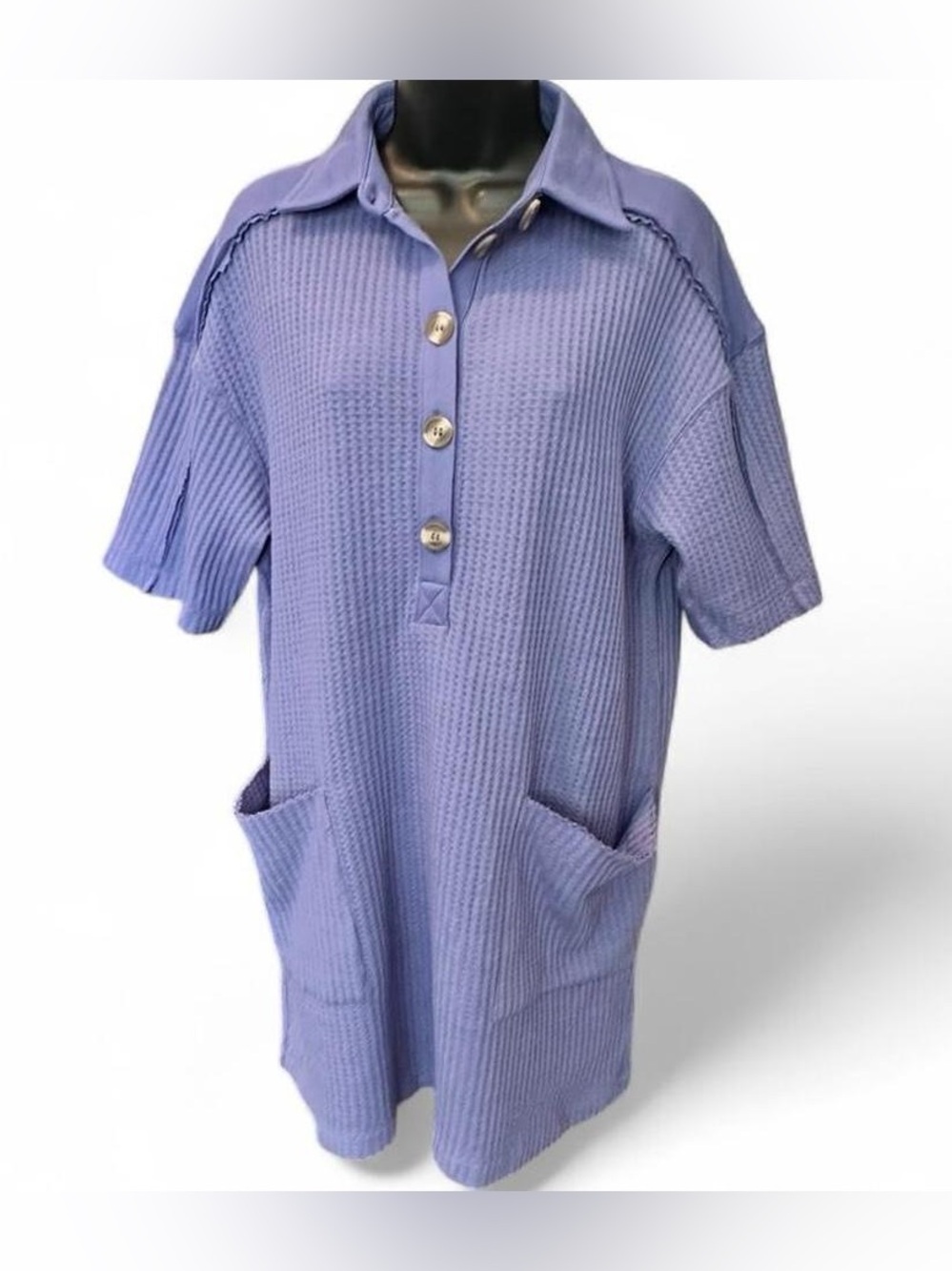 NWT Zenana Oversized Short Sleeve Marlon Blue Waffle Knit Polo Dress LARGE
